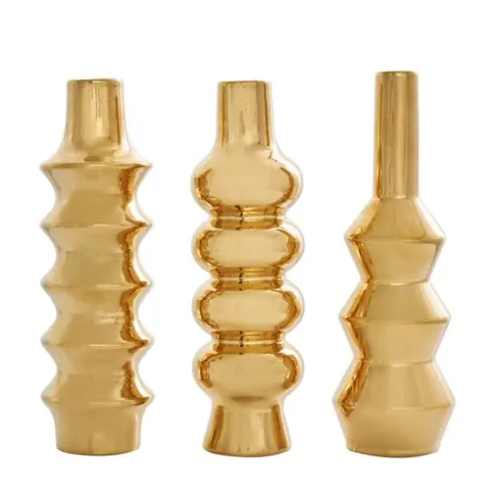 Gold Ceramic Abstract Bubble Ribbed Vase Set {8}