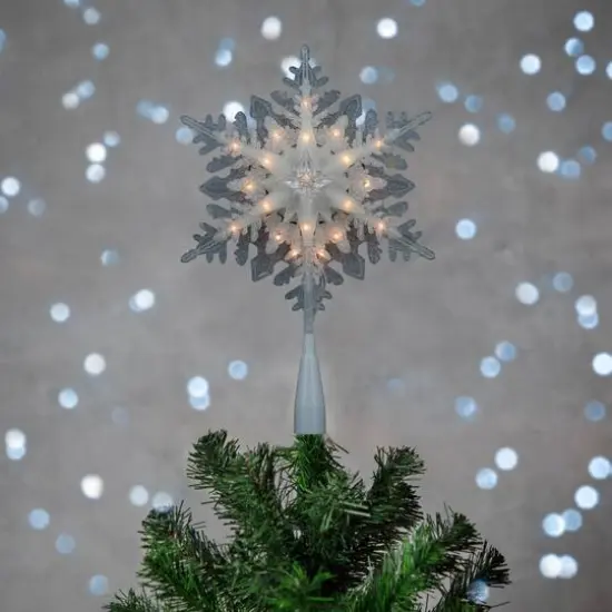 10" Lighted White Frosted Stacked Snowflake Christmas Tree Topper, Clear Lights {9}