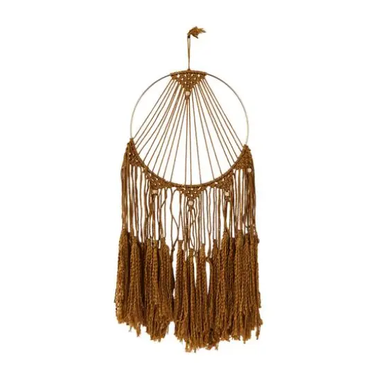 Brown Fabric Handmade Intricately Weaved Macrame Wall Decor with Beaded Fringe Tassels 12" x 0" x 32" {3}