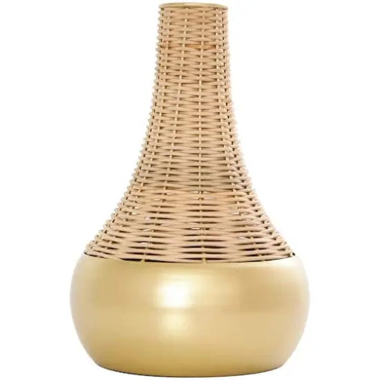11" Brown & Gold Rattan Handmade Woven Vase {3}