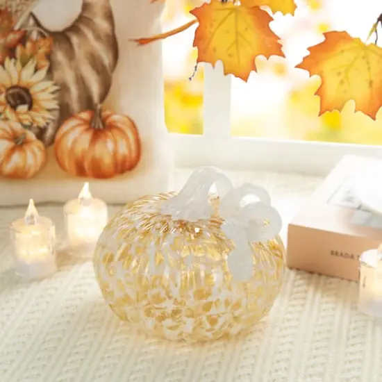 Glitzhome&reg; 6" Fall Amber Dots Round Glass Pumpkin {3}
