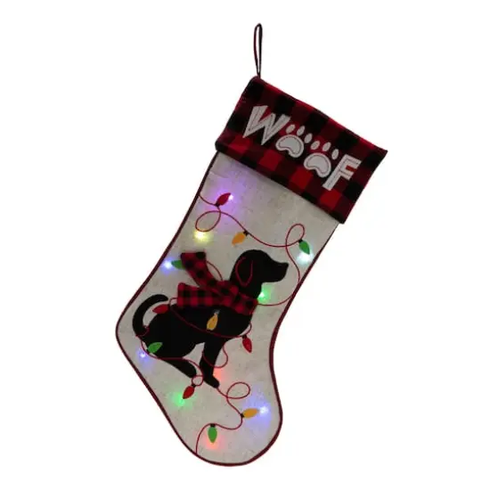 Glitzhome&reg; 21" LED Embroidered Dog Linen Christmas Stocking {1}