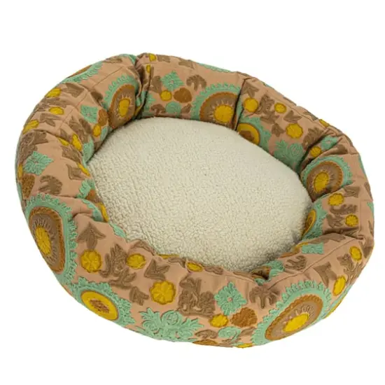 Hello Honey&reg; 24" Taupe, Green & Mint Round Floral Cotton & Sherpa Pet Bed {1}