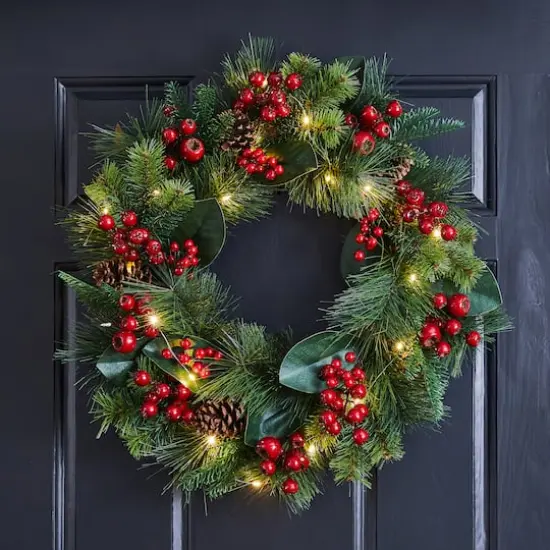 Glitzhome&reg; 24" Pre-Lit Berry, Magnolia Leaf & Pinecone Wreath {3}