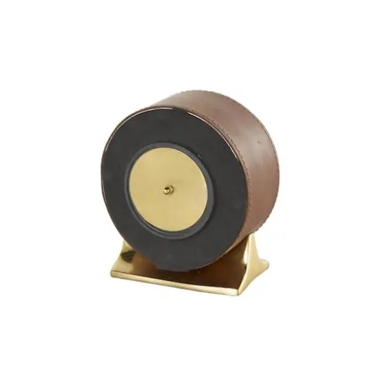 Faux Leather Round Decorative Clock with Rectangular Base Brown/Gold {7}