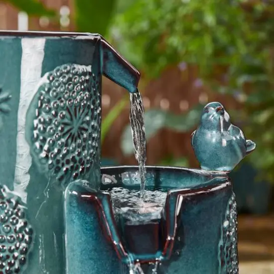 Glitzhome&reg; 31.75" Turquoise 4-Tier Dandelion Texture Vase-Shaped Ceramic Outdoor Fountain with LED Light {7}