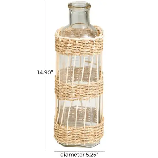 15" Clear Glass Handmade Vase with Light Brown Rattan Woven Body {6}