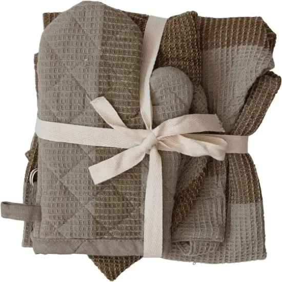 Hello Honey&reg; Beige & Gray Child Apron, Chef Hat & Oven Mitt Set {3}