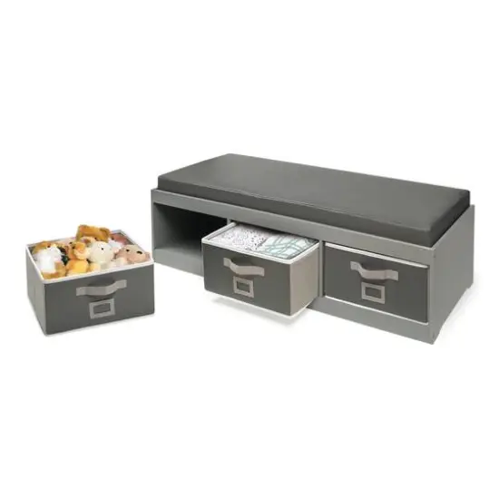 Badger Basket Kid's Cushioned Storage Bench With Three Bins Gray {5}