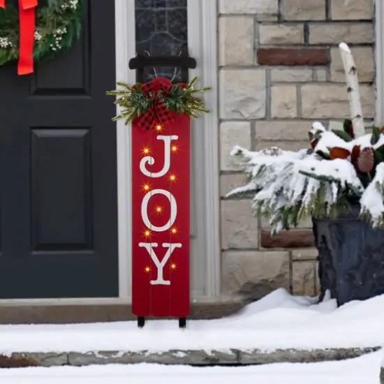 Glitzhome® 40" Lighted Wooden Sleigh JOY Porch Sign with Timer {3}