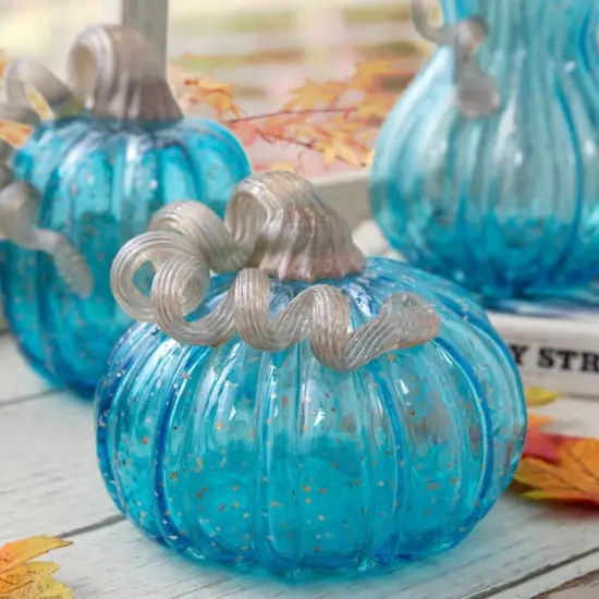 Glitzhome&reg; Blue Glass Pumpkin Set {14}