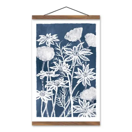 Blue White Floral 12" x 18" Teak Hanging Canvas {1}