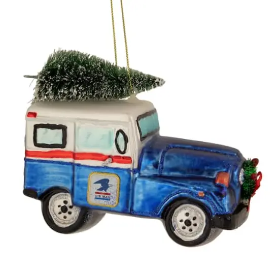 5" Blue & Silver USPS Post Office Truck with Frosted Tree Glass Christmas Ornament {6}