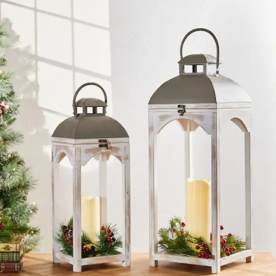 Glitzhome&reg; White Wooden Modern Farmhouse Lantern Set {3}