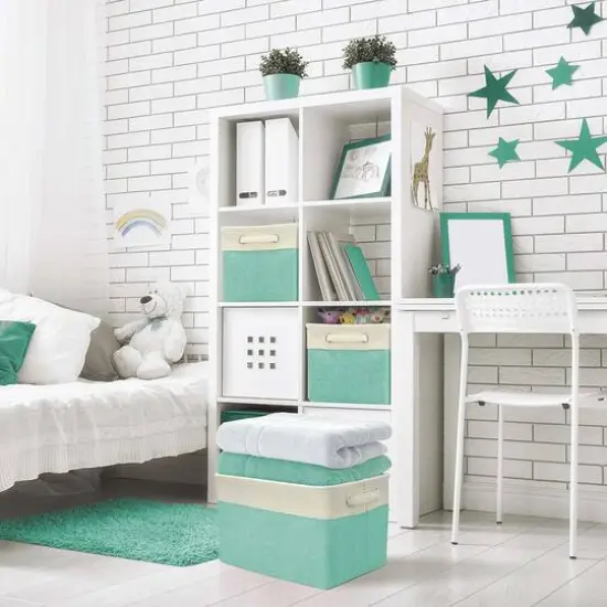 Sorbus 15" Cream Trimmed Twill Collapsible Storage Basket Set Green {5}