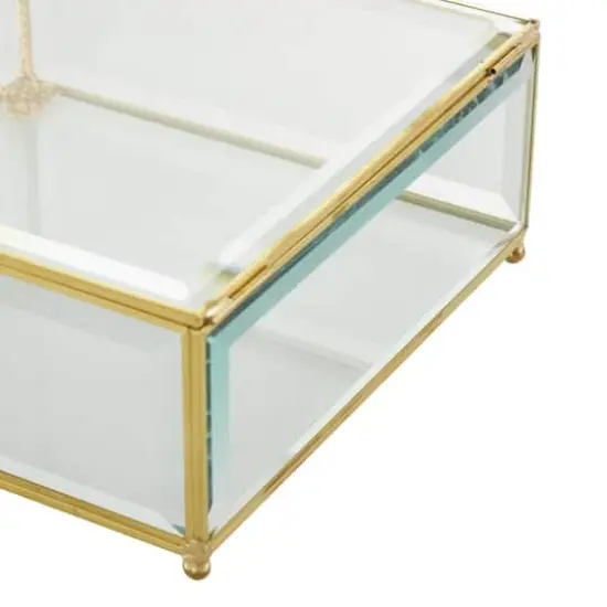 Clear & Gold Beveled Glass & Metal Square Footed Jewelry Box with Chain Accent Set {5}