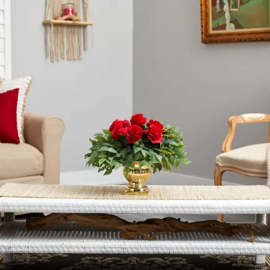 14" Red Rose Floral Arrangement in Gold Urn  {5}