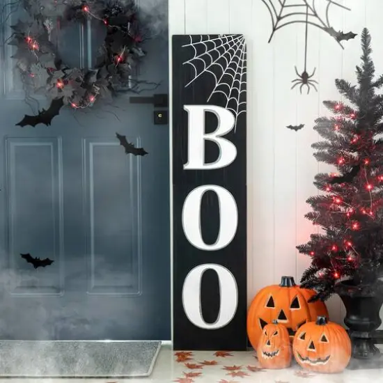 Glitzhome&reg; Black & White Wooden BOO Porch Sign {3}