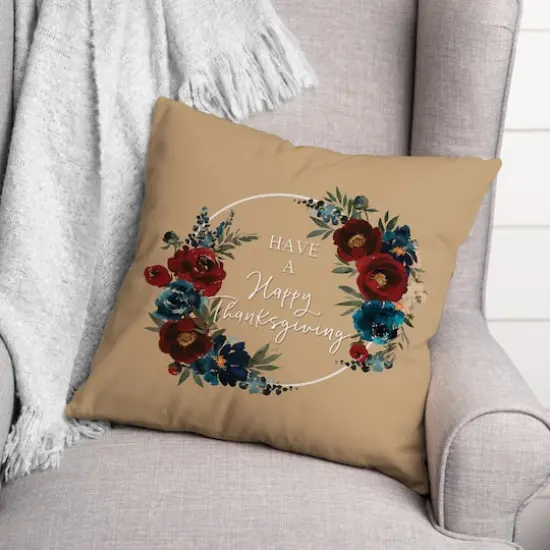 Happy Thanksgiving Floral Wreath Throw Pillow {3}