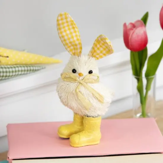 7" Yellow Easter Chick Accent with Plaid Rabbit Ears & Rainboots  {4}