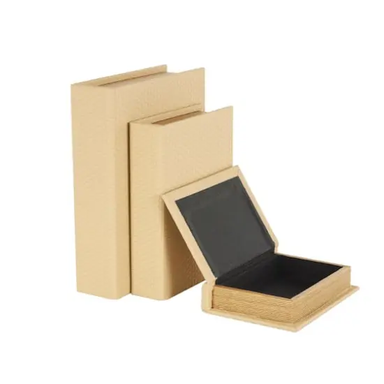 Faux Leather Geometric Woven Grid Book Storage Box Set Beige {3}