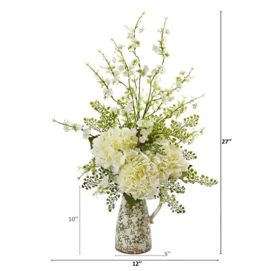 27" Cherry Blossom, Hydrangea and Maiden Hair Artificial Arrangement in Floral Pitcher {3}