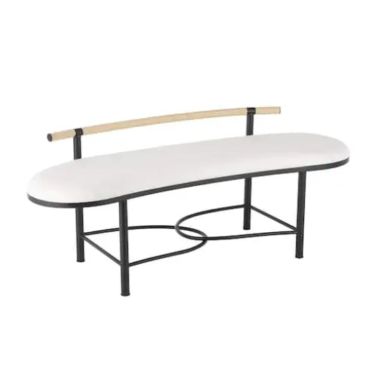 60.25" White Fabric Abstract Upholstered Oval Home Bench with Black Metal Frame & Rope Rod Backrest {4}