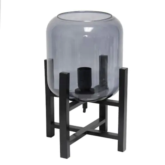 Simple Designs 13.5" Black Wood Mounted Table Lamp with Glass Cylinder Shade Smoke Glass {7}