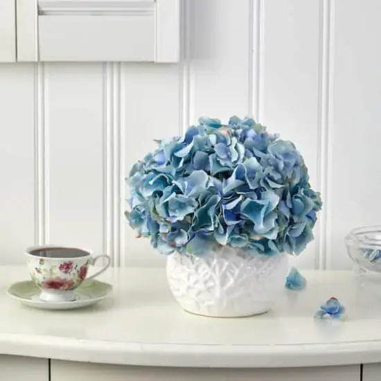 11" Hydrangea Artificial Arrangement in White Vase {4}