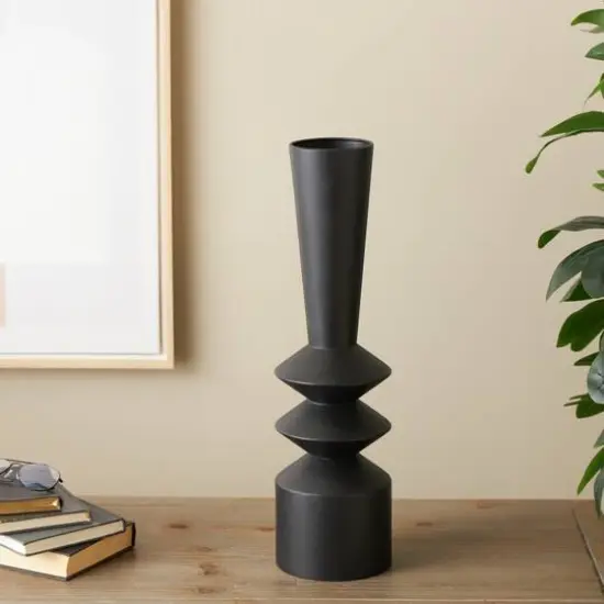 22" Black Metal Art Deco Style Fluted Vase {3}