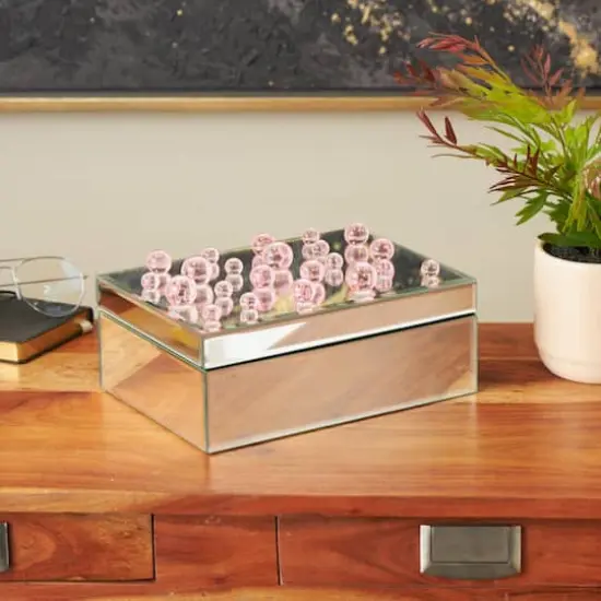 9.75" x 7" x 4.75" Silver Glass Mirrored Decorative Jewelry Box with Pink Bubble Textured Balls {3}