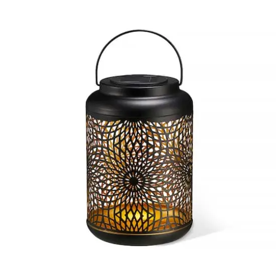Glitzhome&reg; 9" Cutout Metal Solar Powered Outdoor Hanging Lantern Black/Gold {1}