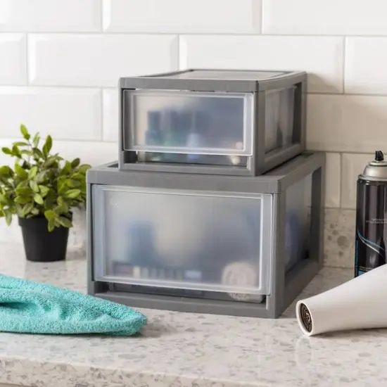 IRIS&reg; Medium Gray Stackable Storage Bin with Clear Drawer {8}