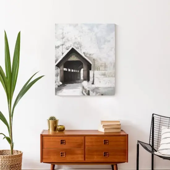 Covered Bridge In Winter 20x24 Canvas Wall Art {5}