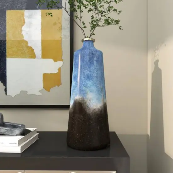 20" Blue Glass Galaxy Inspired Abstract Vase with Gold Top {13}