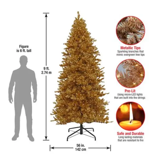 9ft. Pre-Lit True Gold Metallic Artificial Christmas Tree, White LED Lights {7}