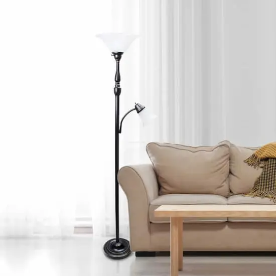 Lalia Home Torchiere Floor Lamp with Reading Light Restoration Bronze/White Shades {3}