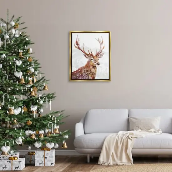 Stupell Industries Winter Deer Mountain Snowfall Framed Floater Canvas Wall Art Gold {3}