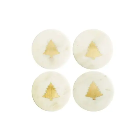 Hello Honey® 4" White Round Marble Coasters with Brass Tree Inlay, 4ct. {4}