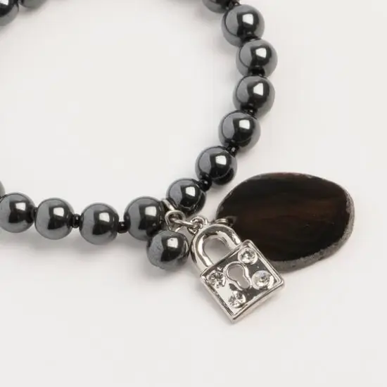 John Bead Hematite Gray Natural Stone Bracelet with Agate & Lock Charm {3}