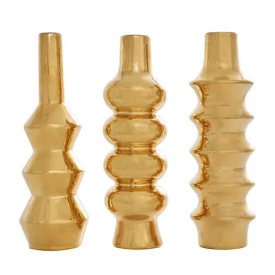 Gold Ceramic Abstract Bubble Ribbed Vase Set {5}