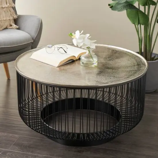 30" Black Metal Open Frame Wire Geometric Coffee Table with Silver Aluminum Top {11}