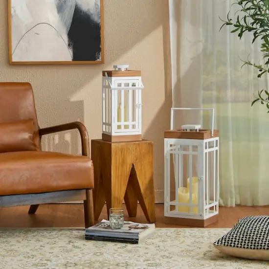 Glitzhome&reg; White Modern Square Metal & Wood Lanterns Set {6}