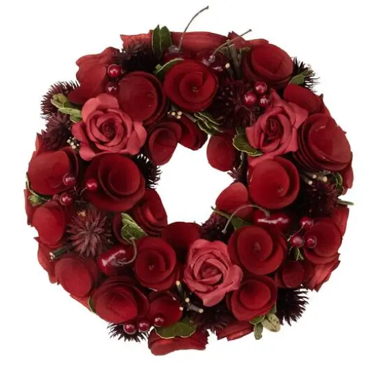 Red Wooden Rose and Berry Artificial Wreath 9.5" Unlit {1}