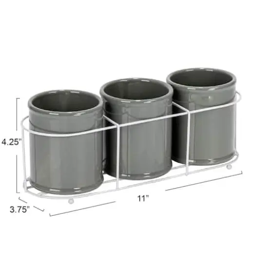Hello Honey&reg; 11.5" Gray Farmhouse Ceramic Crocks in White Metal Holder {4}