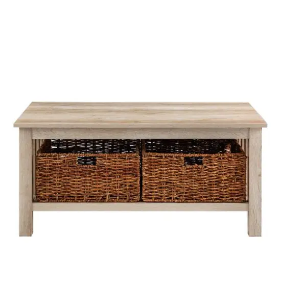 Walker Edison 40" White Oak Mission Storage Coffee Table with Baskets {3}