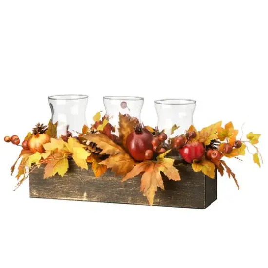 24" Maple Leaves Candleholder Centerpiece with Pomegranates {7}