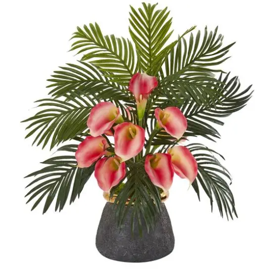 2ft. Calla Lily & Areca Palm Artificial Arrangement in Stoneware Vase Pink {1}