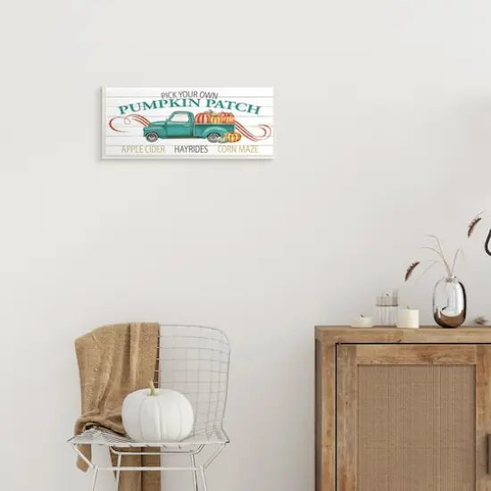 Stupell Industries Turquoise Truck Autumn Harvest Pumpkin Patch Sign Wood Wall Plaque {3}