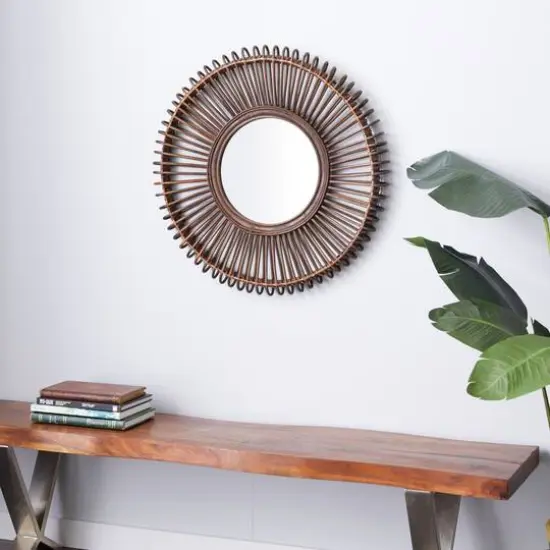 30" Brown Wood Boho Style Wall Mirror {9}